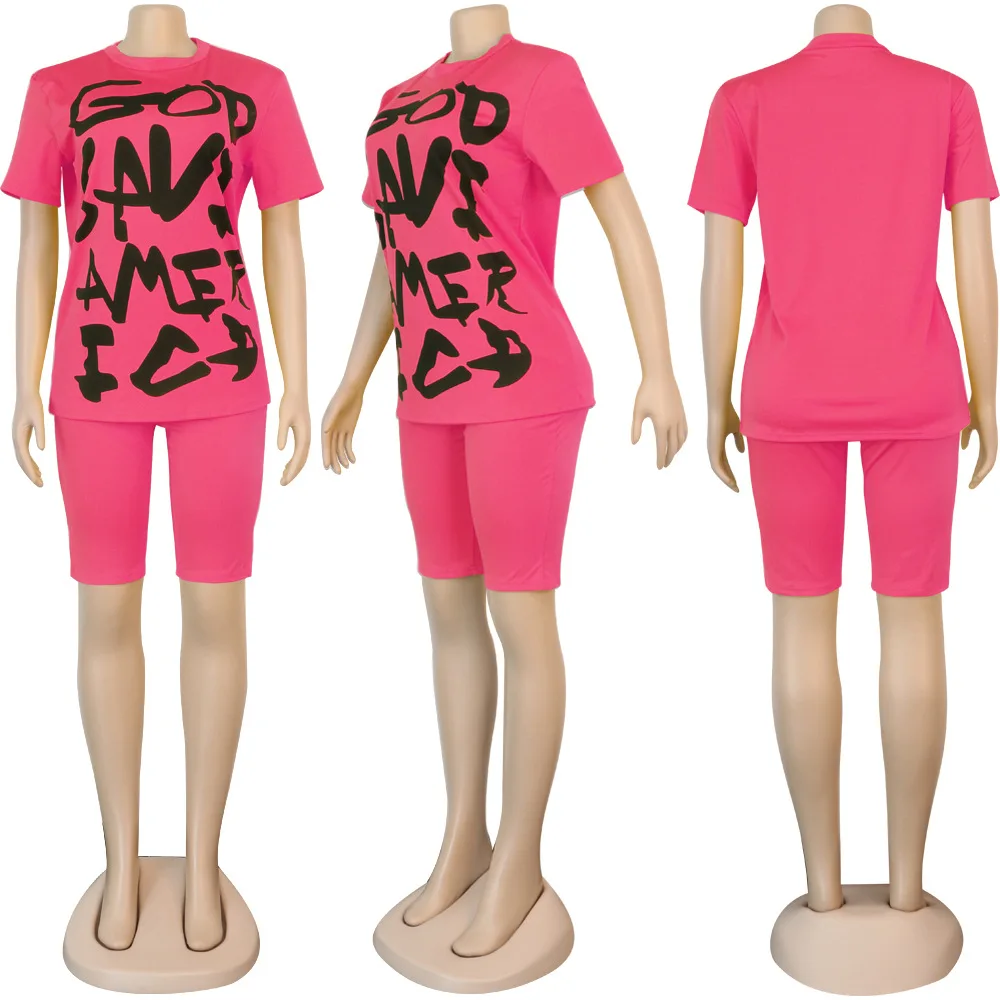 

New fashion letter print sport two piece loose casual o-neck short sleeve T-shirt and shorts women's set