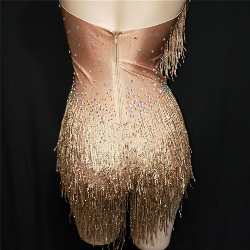 Женское боди с кисточками и кристаллами золотистого цвета | Тематическая одежда