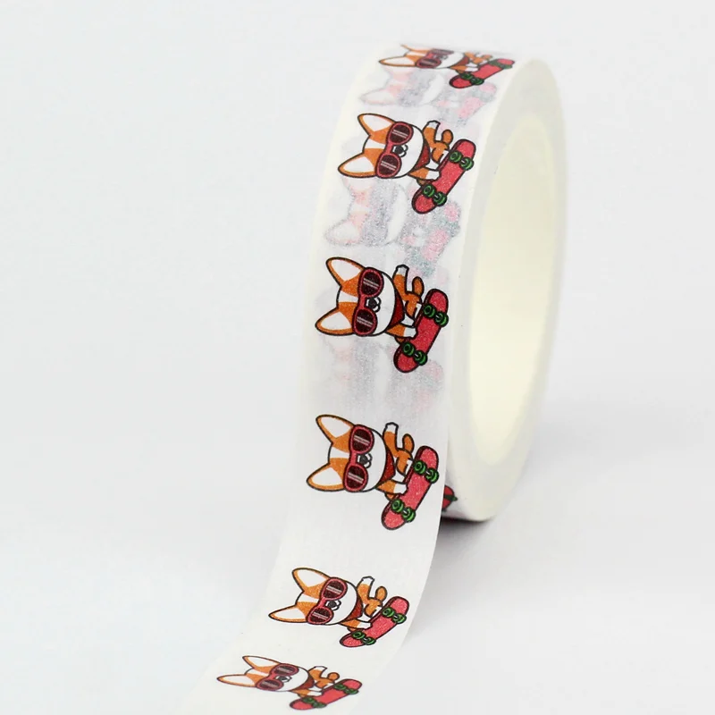 Новые 10 рулонов декоративной милой скотч-ленты "Уэльский корги играет на скейтборде" для журналирования и скрепления бумаги в офисе.