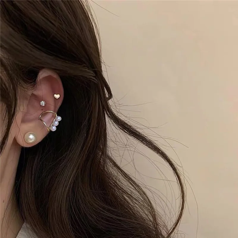 

Minar Retro Simulated Pearl Bling Cubic Zirconia Earrings for Women Gold Color Love Heart Geometric Clip Earrings French Jewelry
