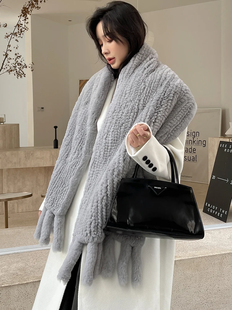 Women's Real Rex Rabbit Fur Scarf with Tassel Winter Warm Knitted Cape Long Wraps for Female |