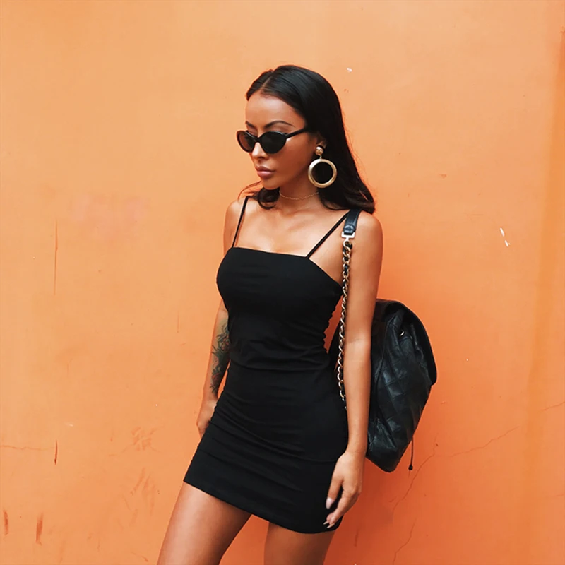 

Fashion Trendy Dress Summer Black Elegant Dress Office Lady Sleeveless Casual Dress Thin Straps Tight-fitting See-through Dress
