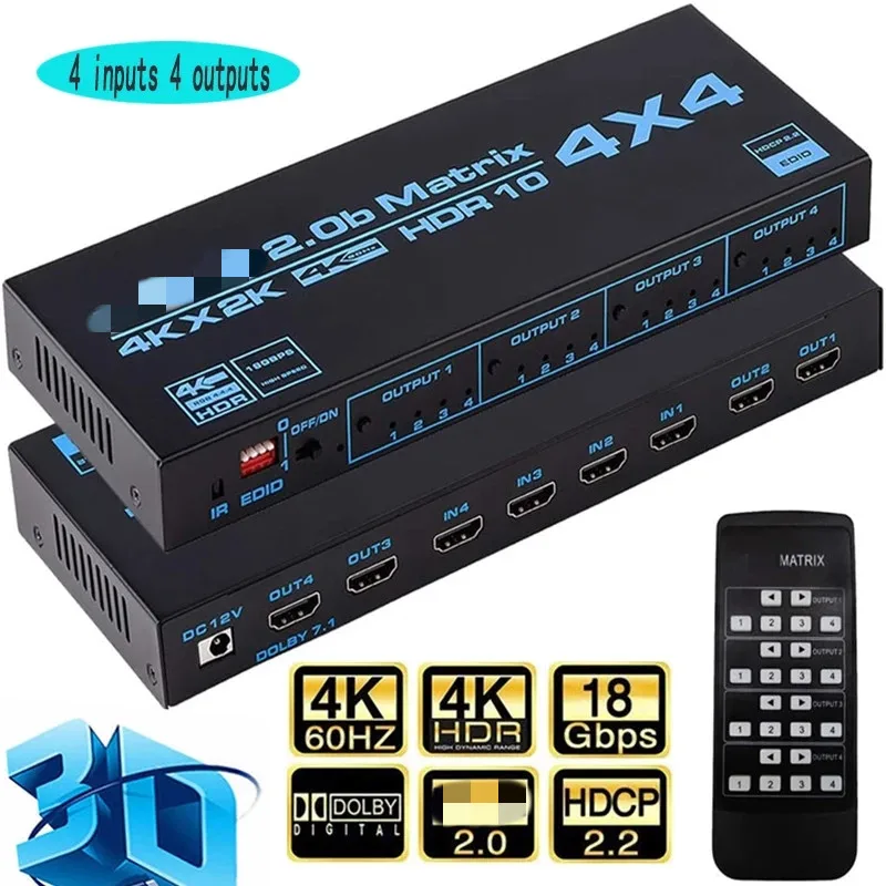 

HDMI-compatible Matrix Switch 4x4, 4K Matrix Switcher Splitter 4 In 4 Out Box with EDID Extractor and IR Remote Control