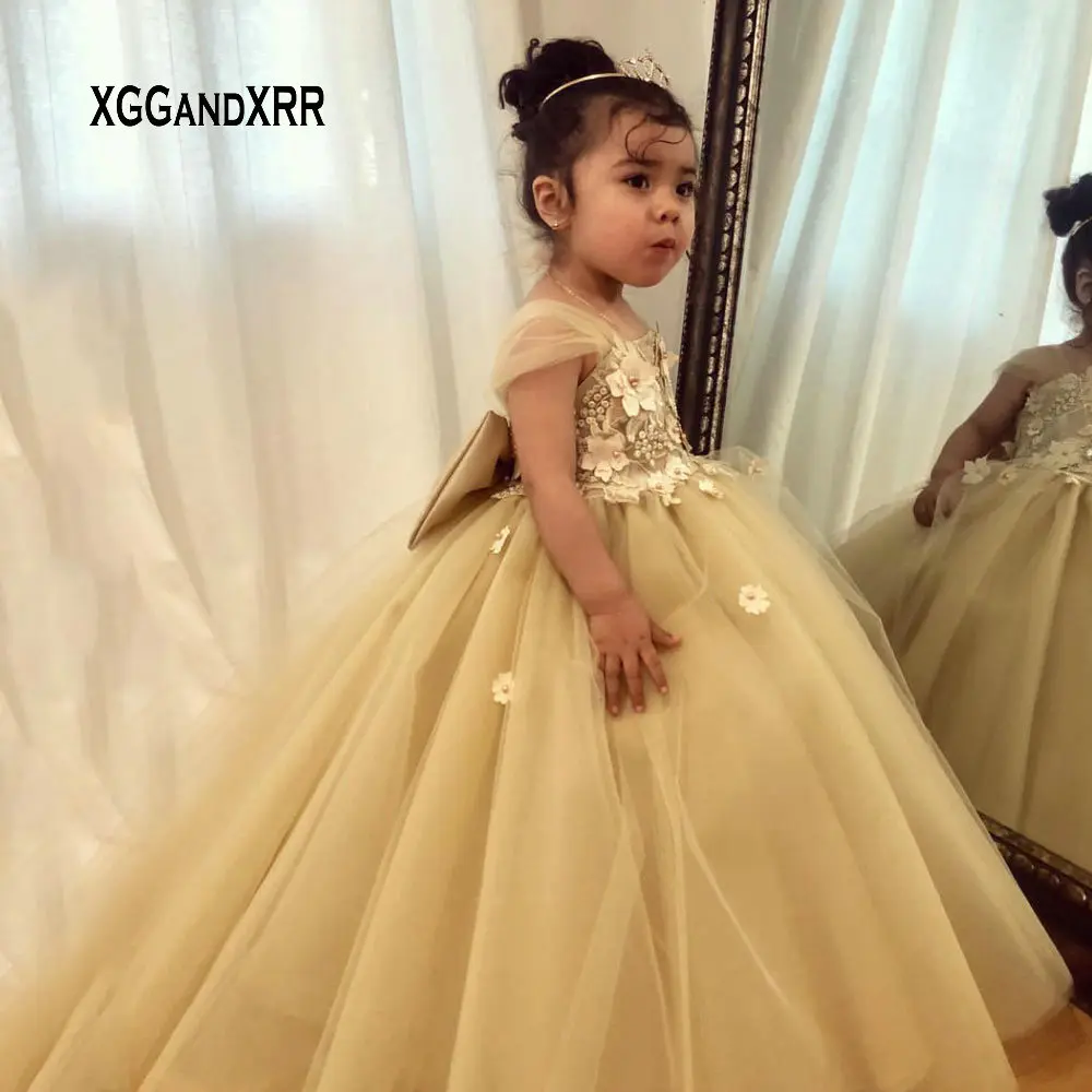 

Elegant Square Collar Yellow Long Flower Girl Dresses Pearls Bow High Quality Little Girl Pageant Dress Wedding Party Gown
