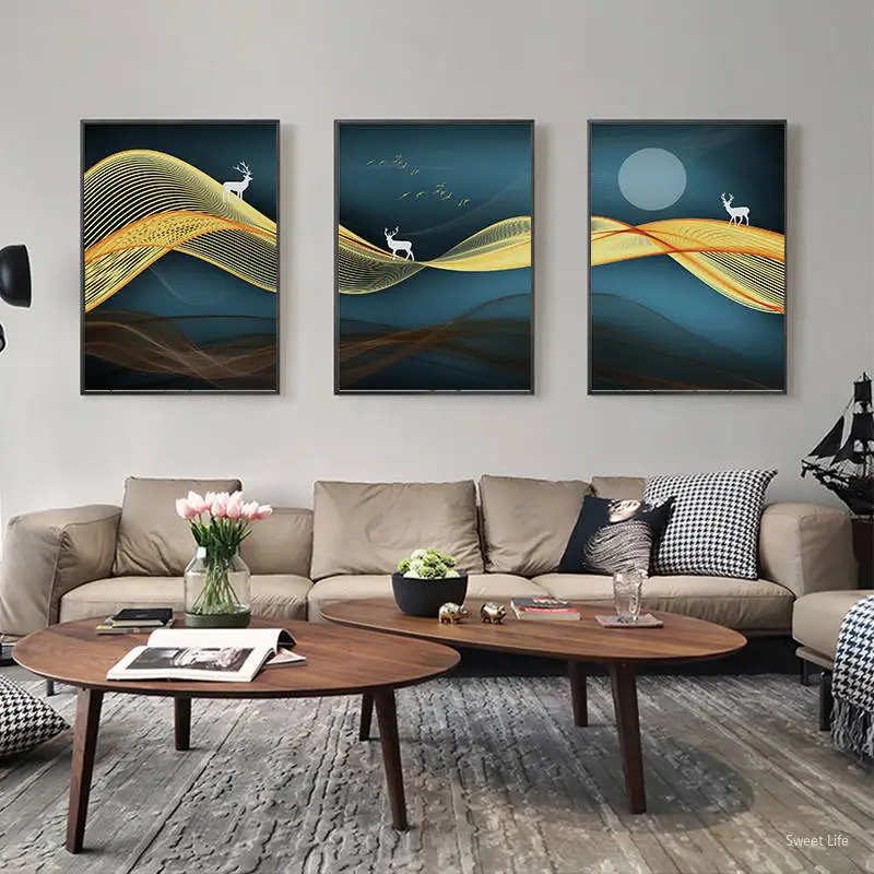 Золотая абстрактная ткань олень и Луна синяя настенная живопись на холсте