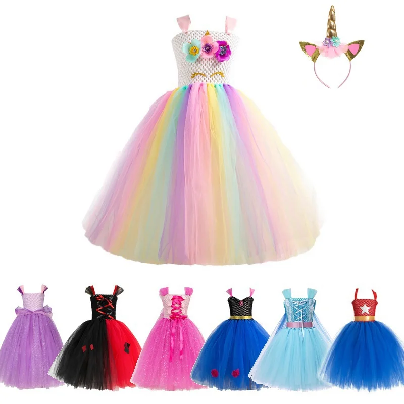 Unicorn Tutu Dress with Headband for Girls Birthday Party Children Cinderella Belle Sleeping Beauty Costume Outfit | Детская одежда и