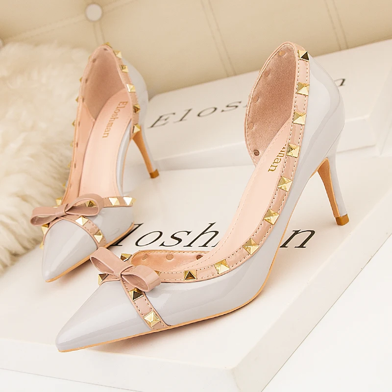 

2021 Autumn fashion Women Dress Pumps Thin Heels High Heels Rivet Butterfly-knot Shoes For Lady stiletto wedding shoes stiletto
