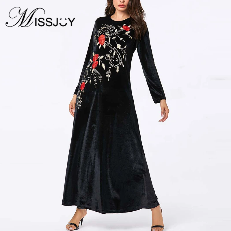 Осенне зимнее женское черное платье макси MISSJOY с длинным рукавом и вышивкой