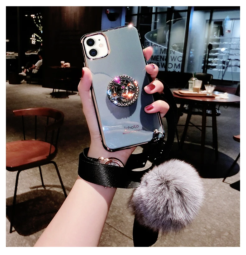 Красивый меховой шар чехол для телефона iPhone X XS 11 Pro Max XR 6 6S 7 8 Plus Алмазный с кольцом