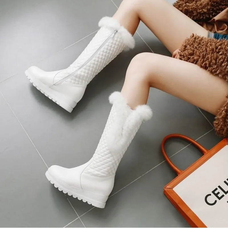 

Winter White Rabbit Hair Snow Boots Women's Middle and Long with Raised Inner Plush Warm Cotton Shoes Slope Heel Thick