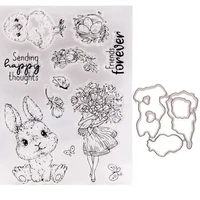 metal cutting dies and stamps bunny girl flower for diy scrapbooking album paper cards decorative crafts embossing die cuts