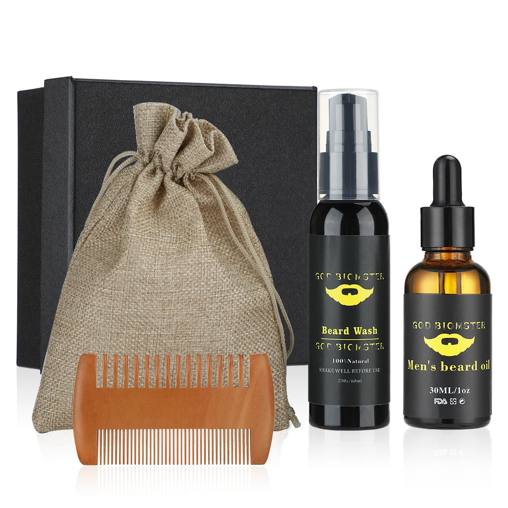 

4 Pcs/Set 100% Pure Natural Profession Men Beard Care Kit Moisturizing Beard Wash Beard Oil Comb Grooming Health Gift for Men