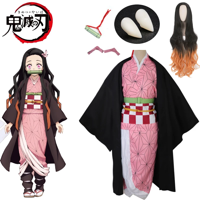 Kamado Nezuko костюмы демон убийца Kimetsu No Yaiba кимоно парики женщин/девочек Хэллоуин Косплей Костюм