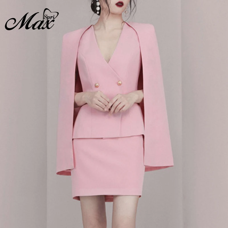 

Max Spri 2019 New Sexy Deep V Button Shawl Tank Top With Cloak Sleeve Women Elegant Bodycon Mini Skirt Two Piece Sets Suit