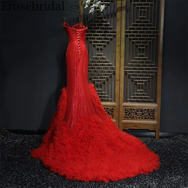Erosebridal Red Evening Dress 2020 Long Mermaid Gown with Train Elegant Sweetheart Sequined Lining Laec Up Back | Свадьбы и
