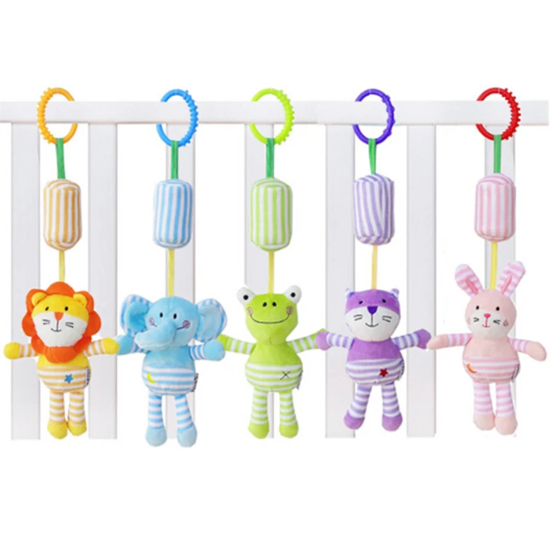 

2021 Soft Newborn Plush Rattle Toys Baby Crib Stroller Rattles Cartoon Animal Frog Elephant Rabbit Cat Lion Hanging Toys 0M+
