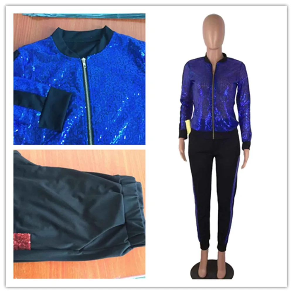 

Women Sequin 2 Piece Set Tracksuit Front Zipper Long Sleeve Coat And Bodycon Pant Sweatsuit Casual Plus Size Outfit