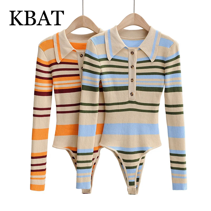 

Женский трикотажный комбинезон KBAT, универсальный Облегающий комбинезон в стиле ретро с воротником-поло и длинными рукавами, Вязаный комбин...