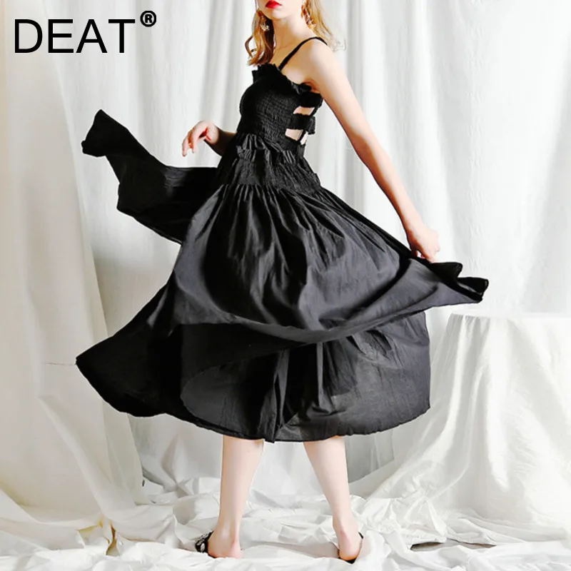 

[DEAT] 2023 Spring Summer New Fashion Tide Sleeveless Solid Color High Waist Knee-length Temperament Elegant Dress Women 13Z5000