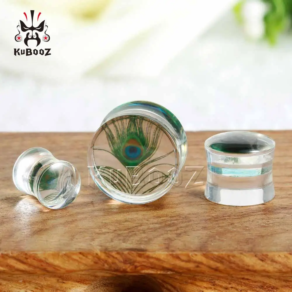 New Peacock Feather Design Simple Ear Percing Plugs Tunnels Transparent Arylic Ear Gaugus Fashion Gift Body Jewellery 2pcs