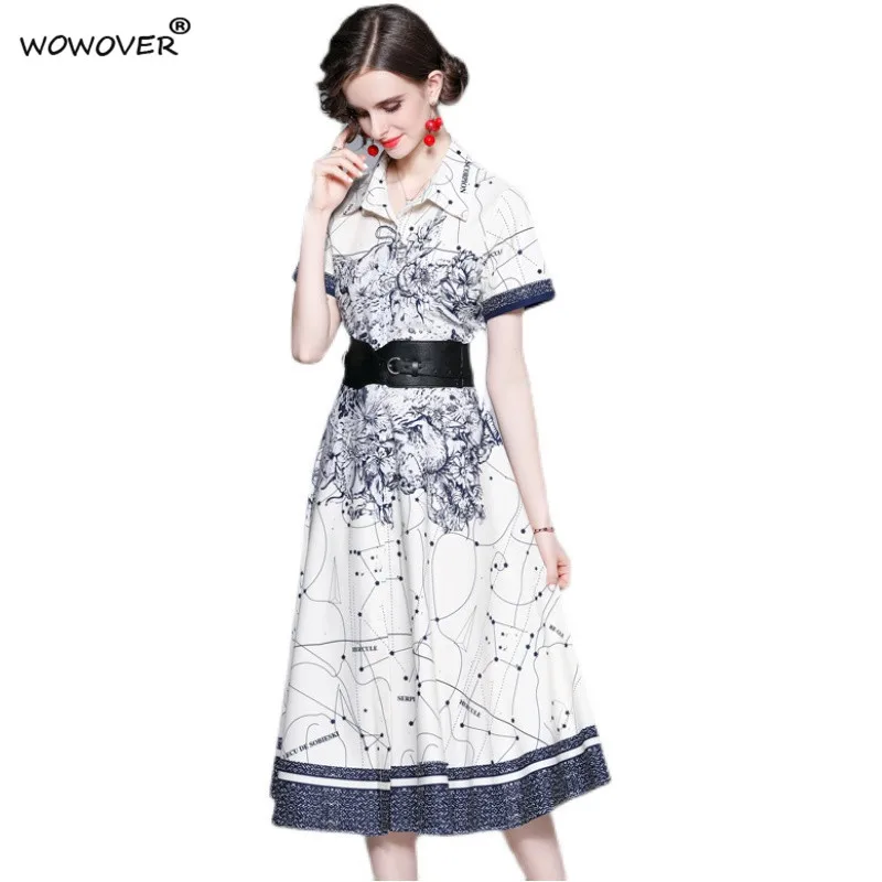 

Elegant Lady Vestidos Summer Fashion Runway Short Sleeve Turn Down Collar Print Belted Mid Calf Dress Women Holiday Robe Femme