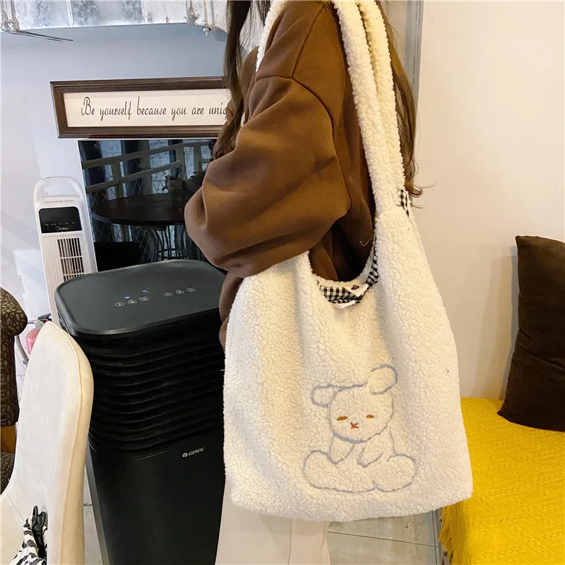 

Women's Bag Soft New Shopper with Lamb Wool Cute Bear Like Fabric Shoulder Bag Canvas Handbag Tote Large Capacity Bag For Girls
