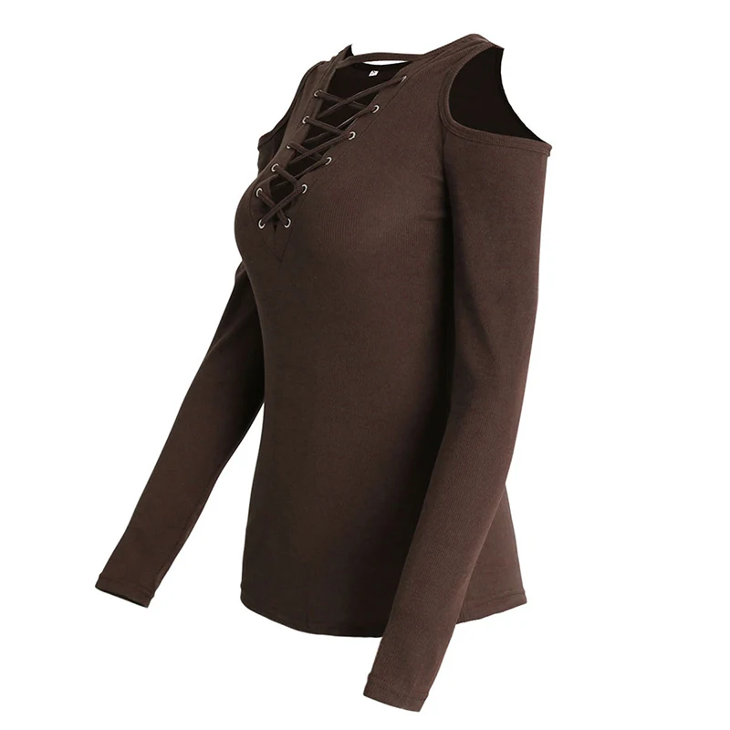 Хит сексуальные топы с открытыми плечами Однотонная Футболка длинным рукавом