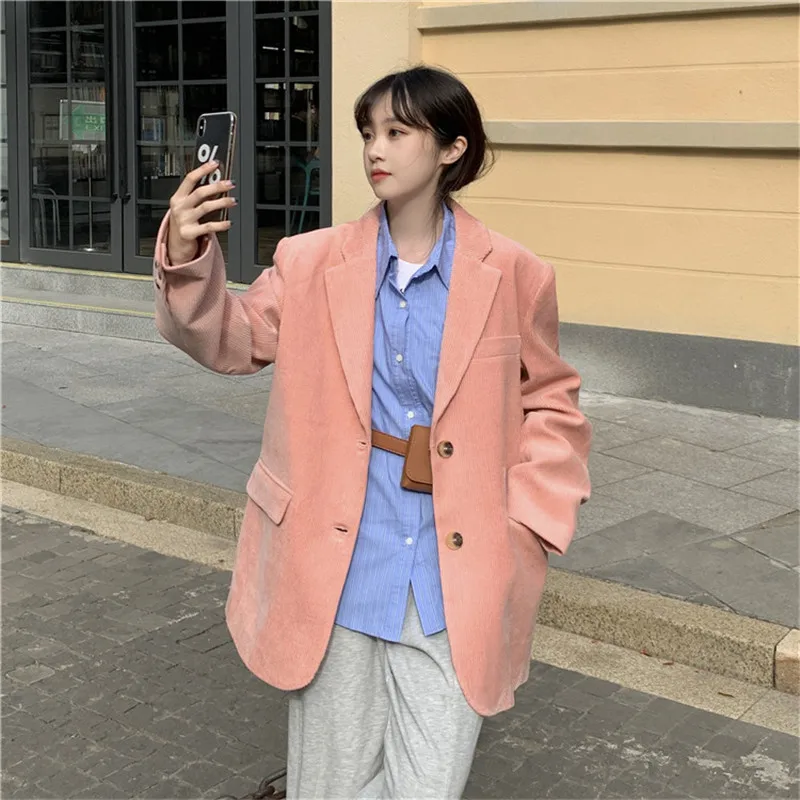 

2021 Women Solid Pink Blazers Office Lady Y2K Jacket Loose Long Sleeve Oversize Coats Fashion Casual Corduroy Outerwear C009