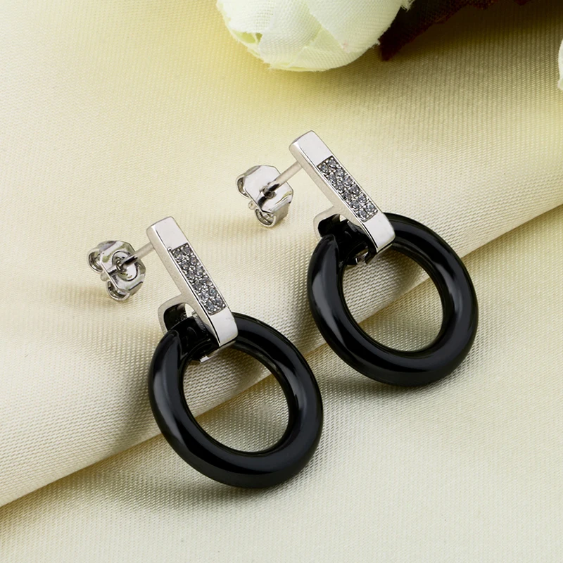 Серьги женские керамические черные белые с двойной круглой подвеской наборы