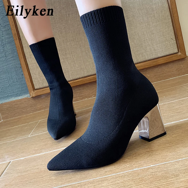 Eilyken/вязаные эластичные женские ботинки Ботильоны на высоком каблуке Теплые