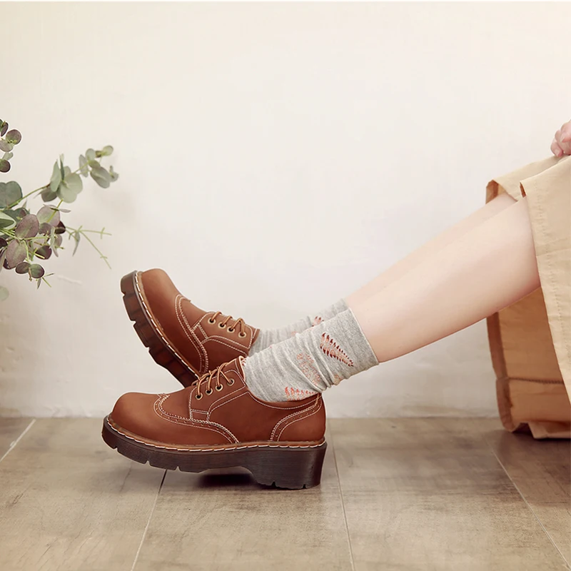 

Women Split Leather Oxford Shoes Big Head Soft Retro British College Footwear