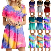 womens fashion short sleeve tie dyed dress summer beach party gradient casual dresses