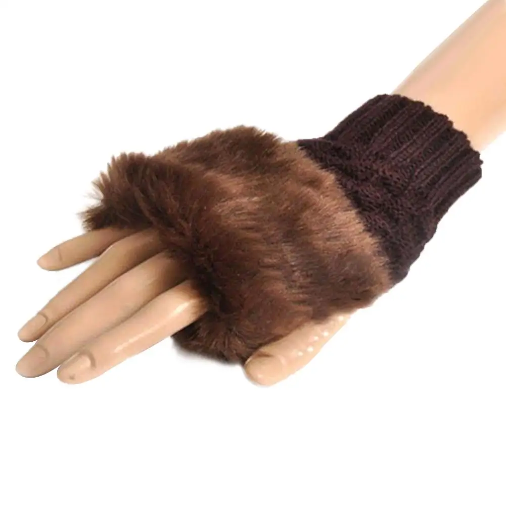 

Fashion Women Faux Rabbit Fur Hand Wrist Warmer Winter Fingerless Knitted Gloves