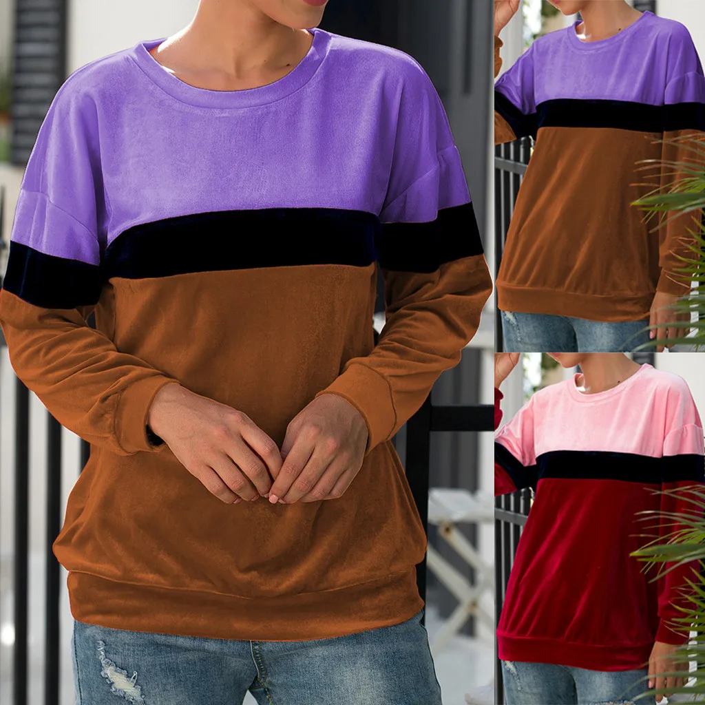 

Vogue Nice Autumn Winter Brand Female Long Sleeve Patchwork Women's Color Matching Velvet Casual Top o-neck Sweatshirts Female
