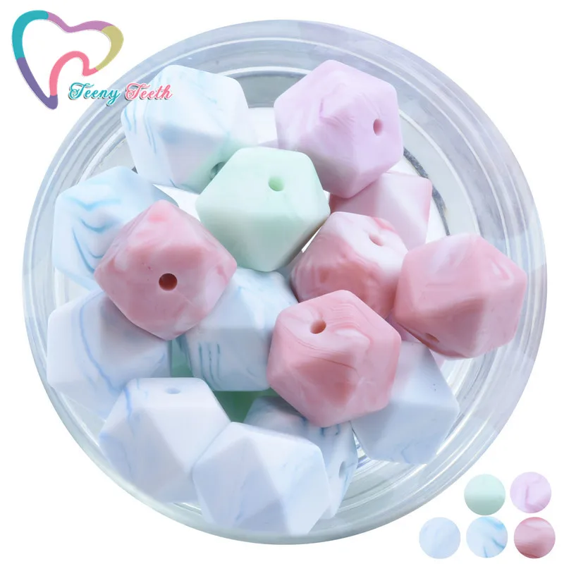 Cuentas de silicona de 14 MM para dentici&oacute;n, lote de 20 unidades de cuentas hexagonales de colores de m&aacute;rmol, sin BPA, para morder, DIY-0