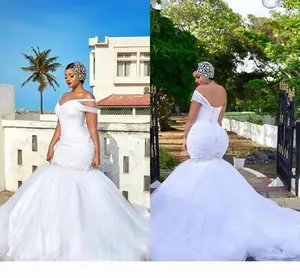 Sexy Plus Size Mermaid Wedding Dresses African One Shoulder Ruched Beaded Sexy Open Back Button Sweep Train Bridal Gowns