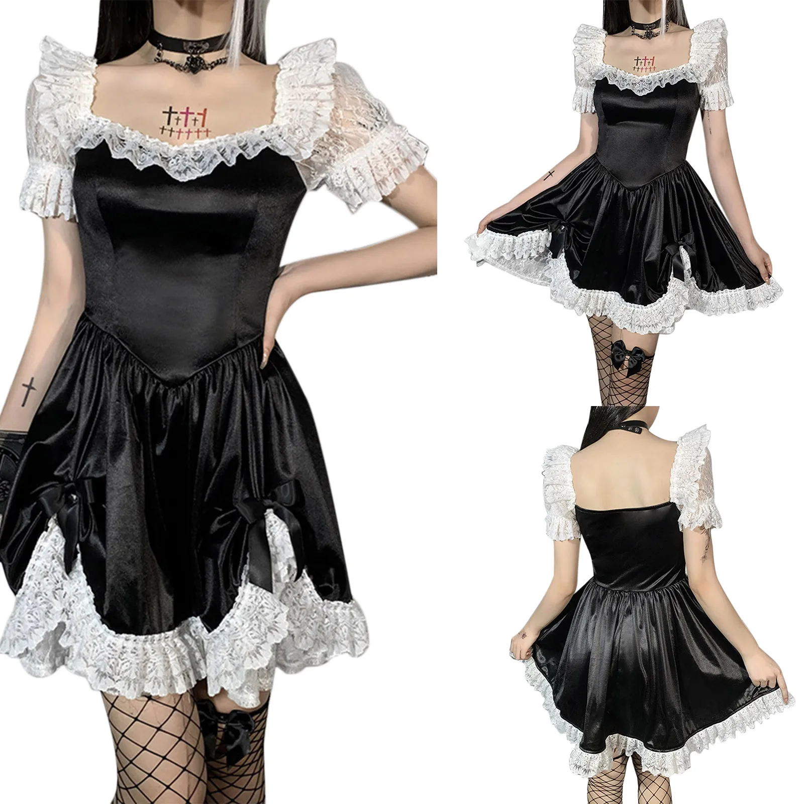 

Женское платье с кружевными рукавами-фонариками, весенняя одежда с бантом и высокой талией