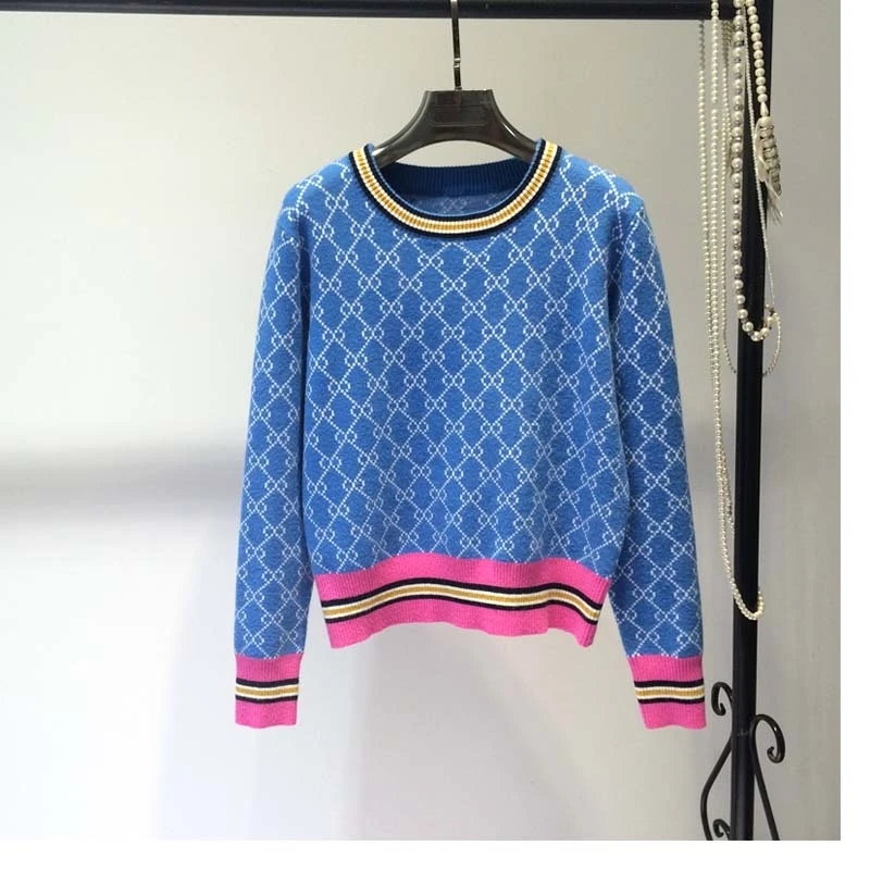 

Fall and winter new loose Korean version of the pullover round neck geometric clash Jacquard short style sweater jacket women's