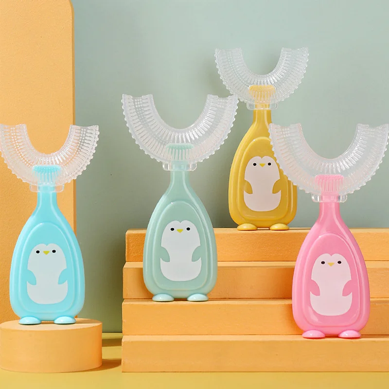 Cepillo de dientes en forma de U para ni&ntilde;os, con mango, de silicona, con dibujos animados, para el cuidado de limpieza Oral, para ni&ntilde;os de 2 a 12 a&ntilde;os-2