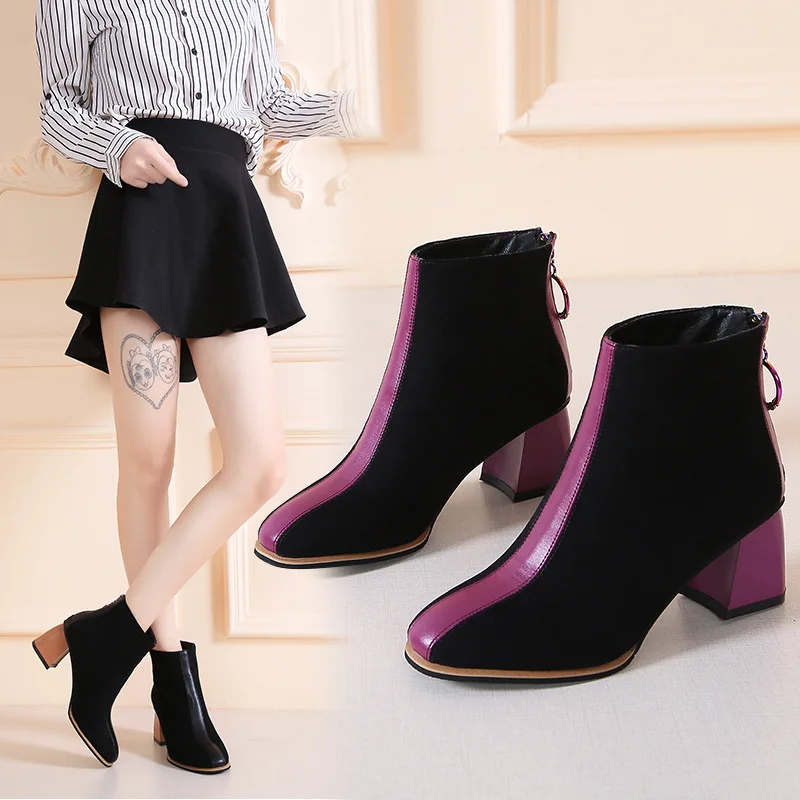 Женские флоковые сапоги до середины икры на высоком устойчивом каблуке с острым