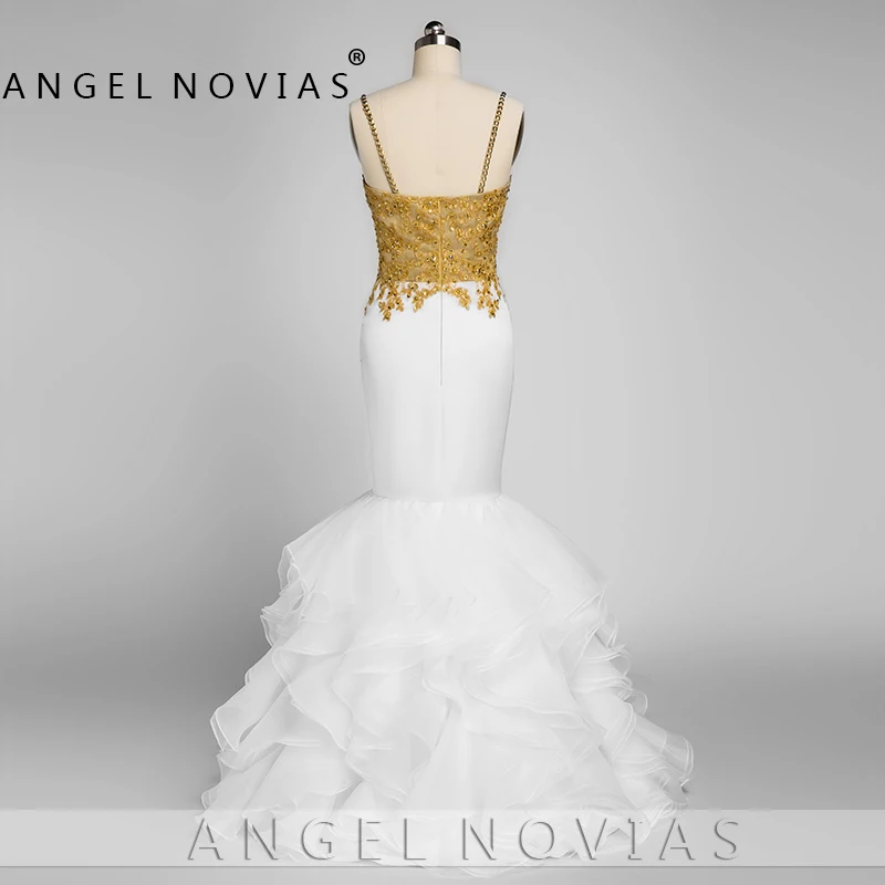 ANGEL NOVIAS длинная изящная русалка вечерние платье для выпускного вечера с бретельками гофрированные органза Vestidos Coctel Mujer