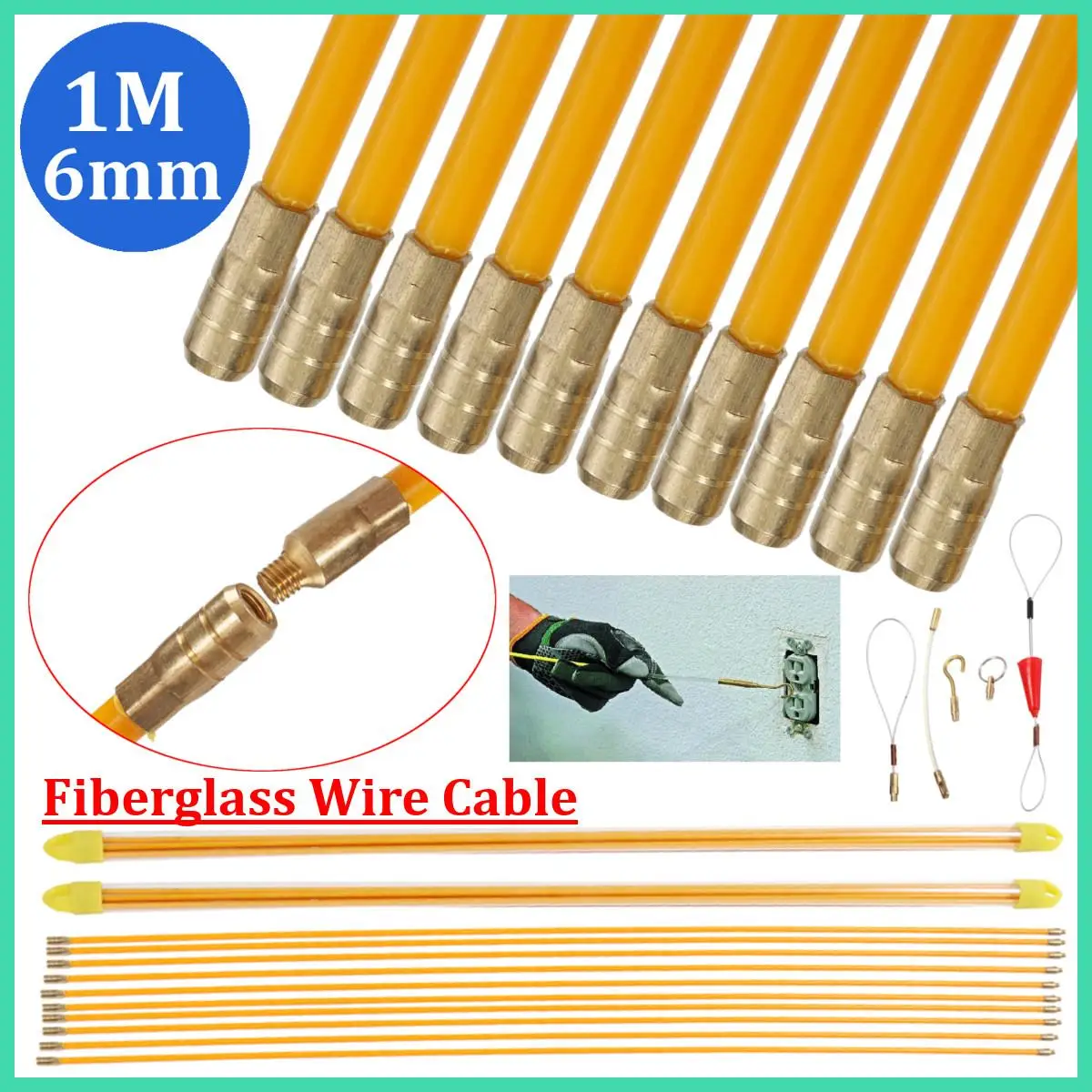 

6mm 10x1M Fiberglass Wire Cable Rod Puller Electrical Fish Tape Pull Push Kit Fiberglass Wire Cable Rod Puller Tool Set Durable