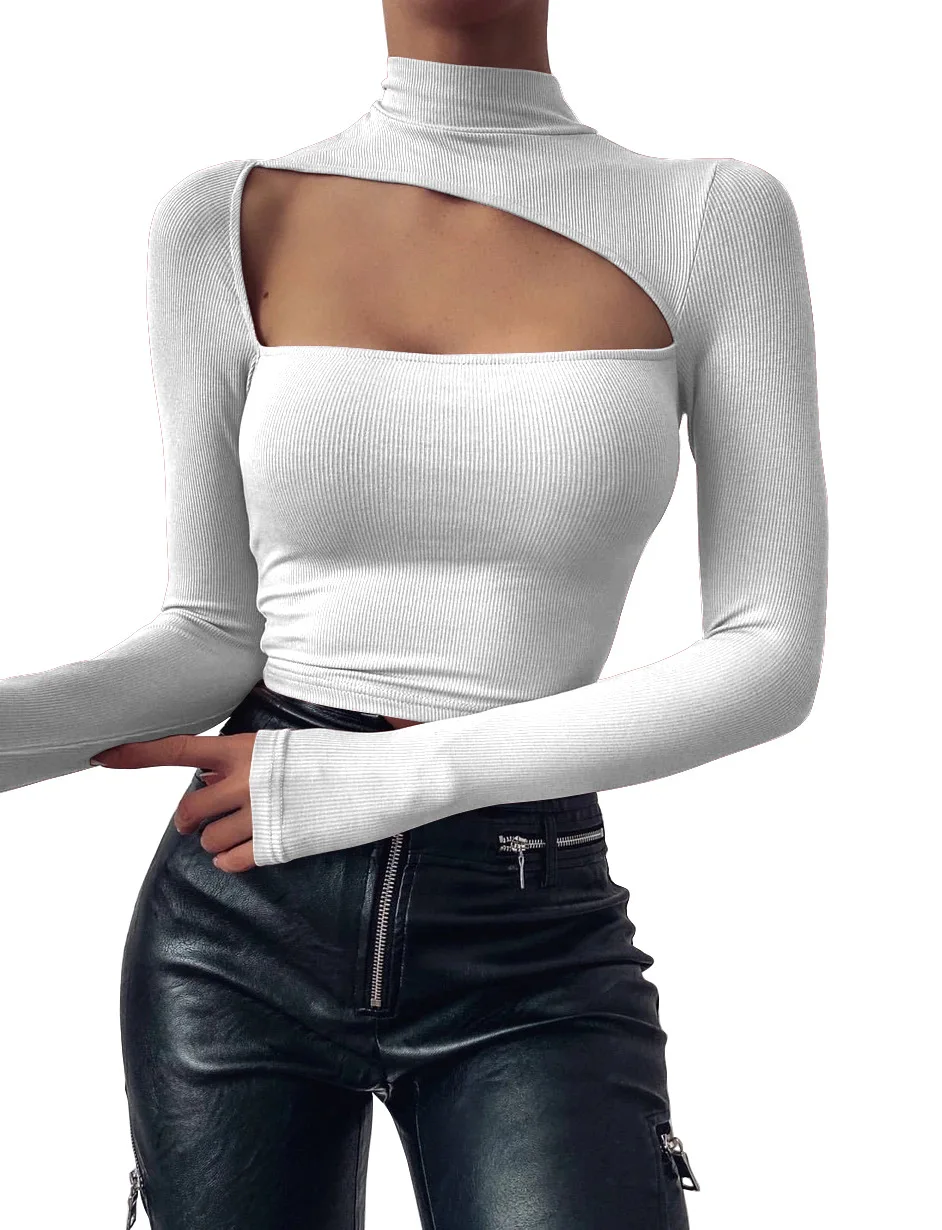 

2021 New Spring Top Sexy Hollow Out Turtleneck Long Sleeve Slim Skinny T Shirt Tee Shirt Femme Ropa Mujer