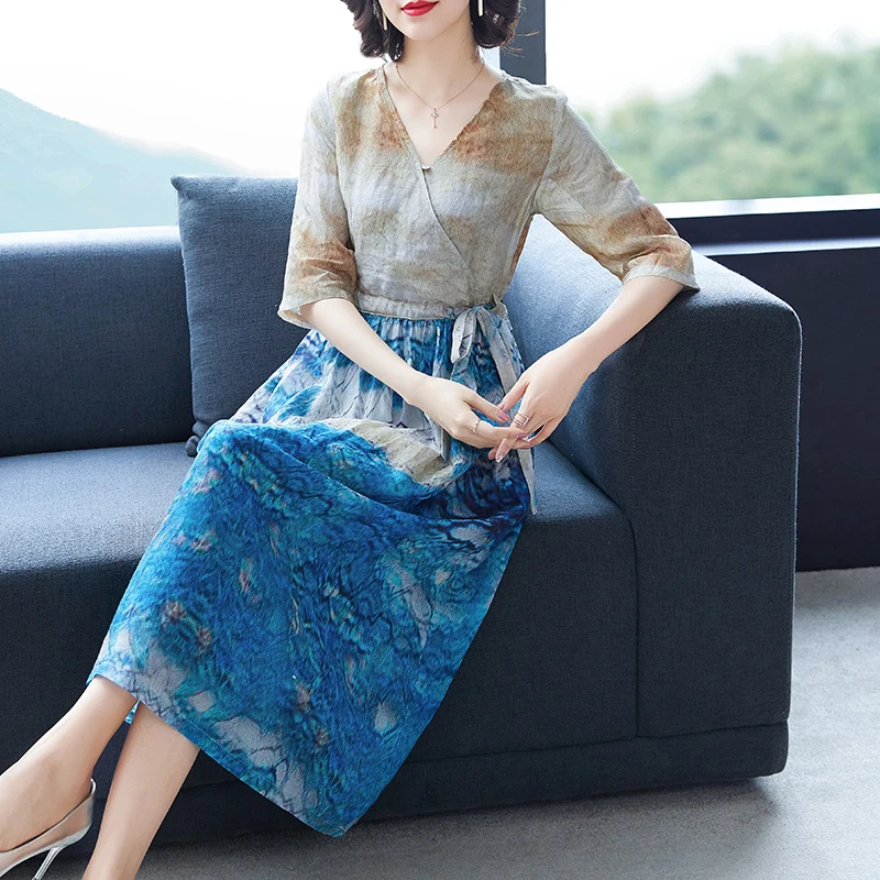 

Summer Korea M-3XL Plus Size Elegant Women Beach Dresses 2021 Vintage Boho Print Cotton Linen Midi Sundress Party Vestidos