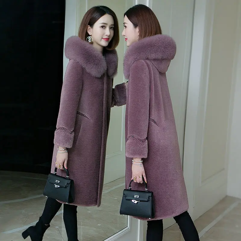 

Женское длинное шерстяное пальто с капюшоном, теплое пальто из овечьей шерсти с воротником из натурального Лисьего меха, X72, Осень-зима 2021