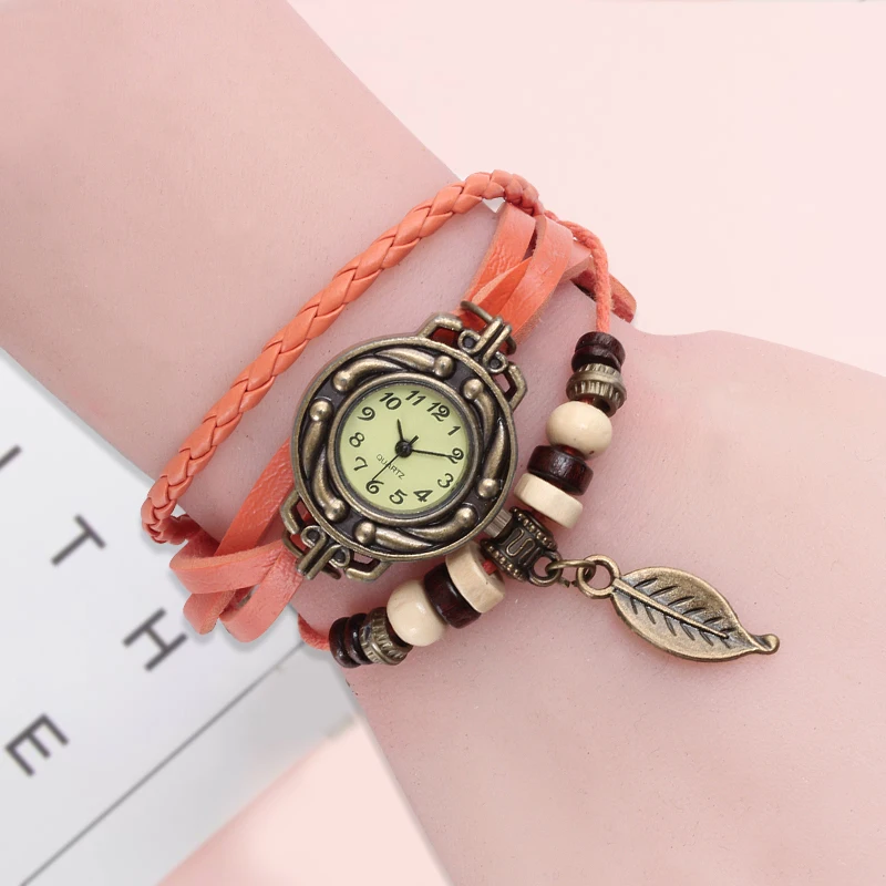 

Multicolor High Quality Women Genuine Leather Vintage Quartz Dress Watch Bracelet Wristwatches Leaf Gift Christmas Fashion