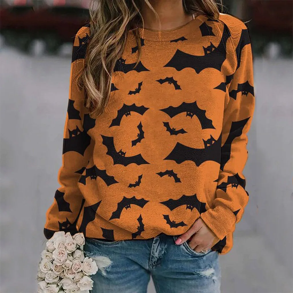 

Women's Halloween Hoodies Bat Print Long-sleeved Sweatshirt Casual Pullover O-Neck Autumn Elegant Daily Brief Sweet Tops