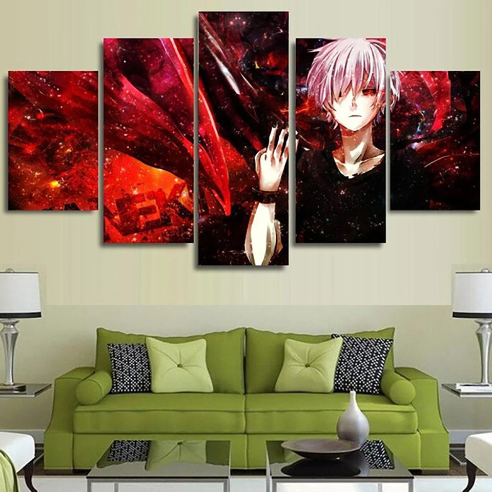 

Home Decor Prints Paintings 5 Panel Tokyo Ghouls Kaneki Ken Pictures Cartoon Wall Art Modular Canvas Poster Modern Bedroom