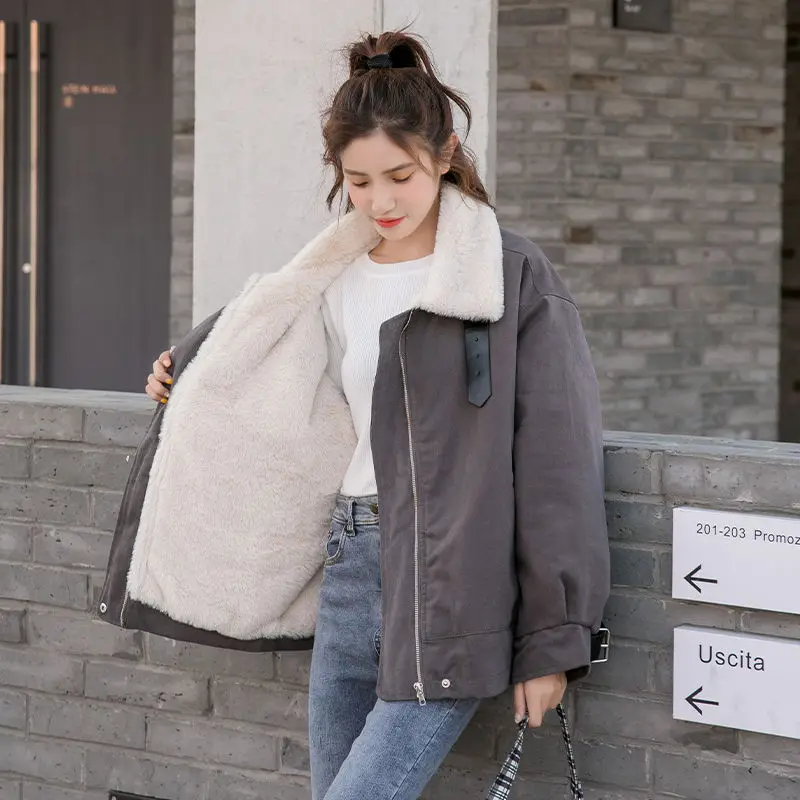 

Luck A Short Cotton Parkas Women Winter Fashion Velvet Thickened Imitation Lamb Wool Bf Loose Tooling Cotton Jacket Tide Outwear