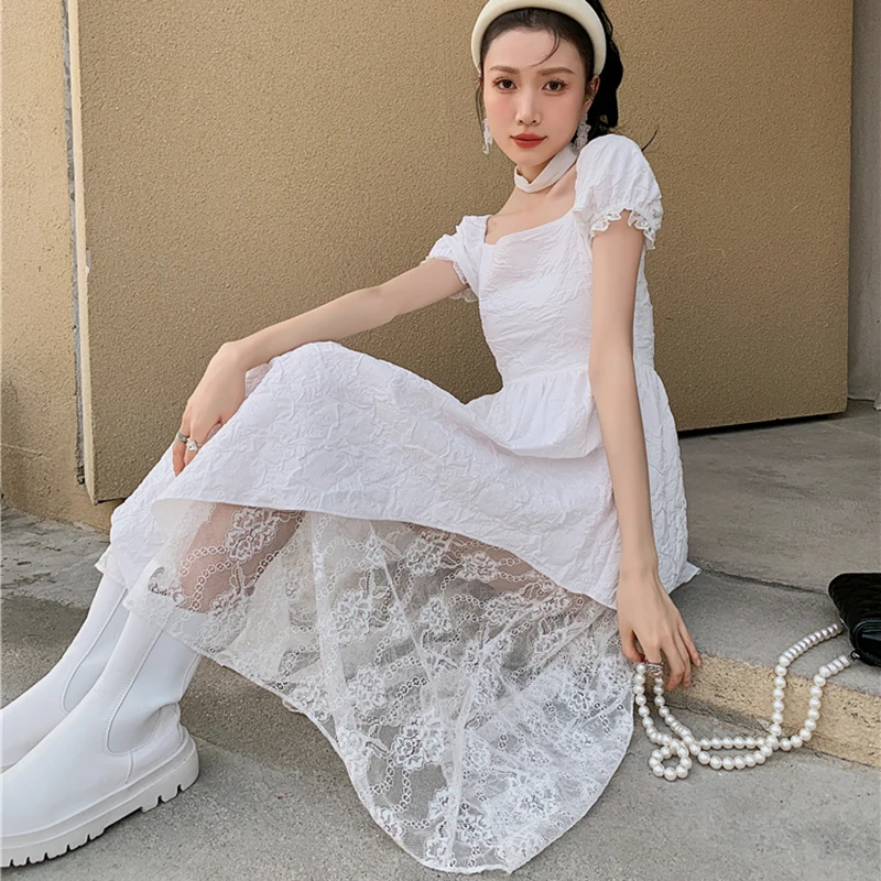 

LANMREM Casual Women Lace Irregular Dress Square Collar Bubble Sleeve Loose Fit Fashion Tide Summer 2021 New Arrivals 2P1630